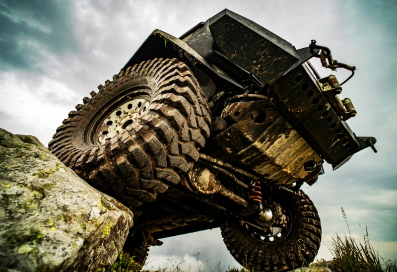 A 4x4 off-road vehicle needs heavy-duty shock absorbers to navigate rocky terrain